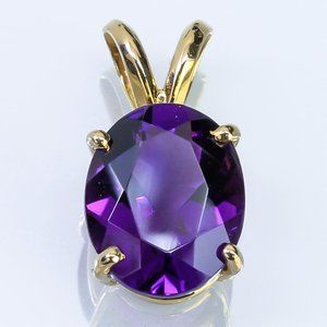 14k Yellow Gold Solitaire Oval Amethyst Pendant Charm